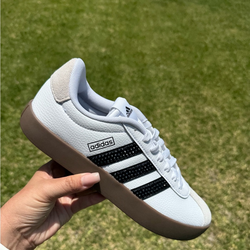 NWT Black Rhinestone Adidas White and Black Sneakers